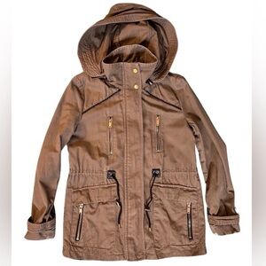 MNG MANGO Windbreaker Hooded Jean Jacket Khaki Women’s Size XXS.